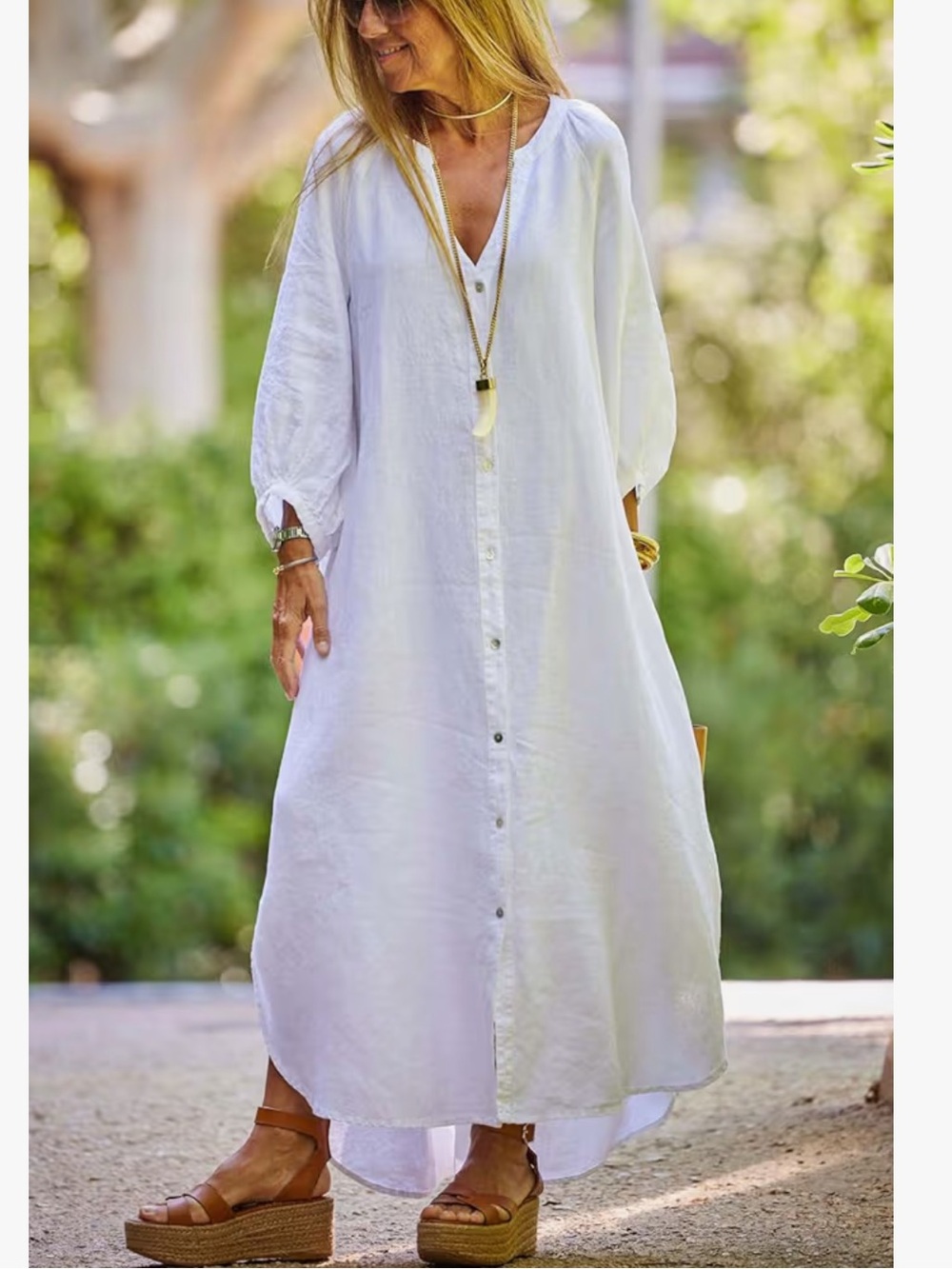 White Button-Front Linen Maxi Dress